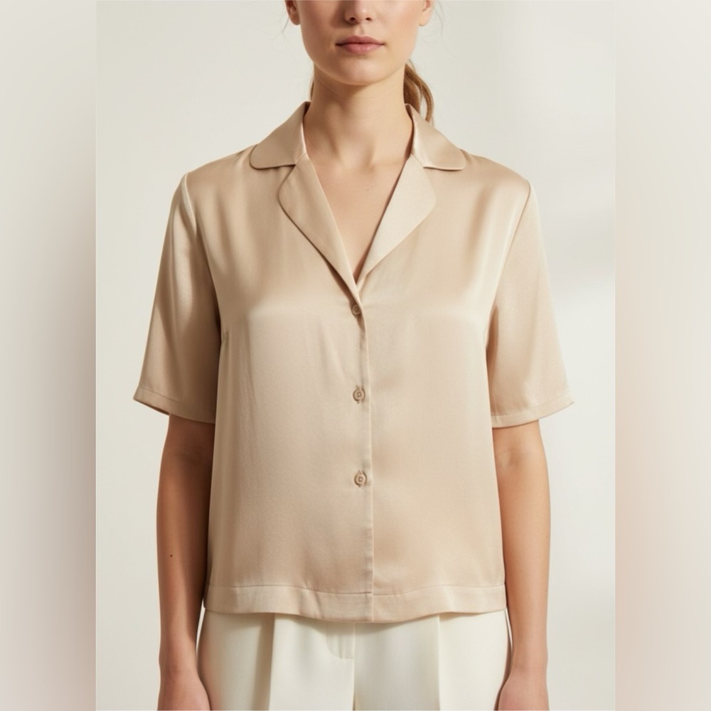 Skin Women’s V-Neck Short Sleeve Button Up Silk Shirt Beige Sz 0